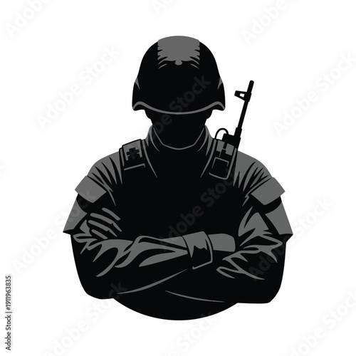 Dynamic Graphic Illustration of a Military Soldier in Silhouette with Weapon, Ready for Action