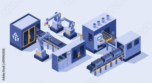 Automated Industrial Production Line with Robotic Arms and Conveyor Belts.