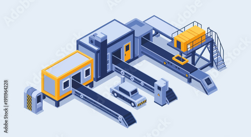 Automotive Factory Assembly Line with Conveyor Belts and Cars.