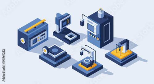 Collection of futuristic industrial machines and equipment in isometric view.