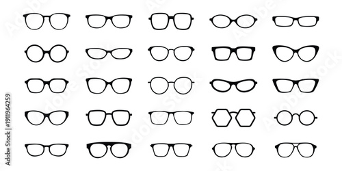 Eyeglasses Frame Icon Set  Optical Glasses, Spectacles and Eyewear Silhouette Vector Collection for Vision, Fashion and Optometry Design .eps10