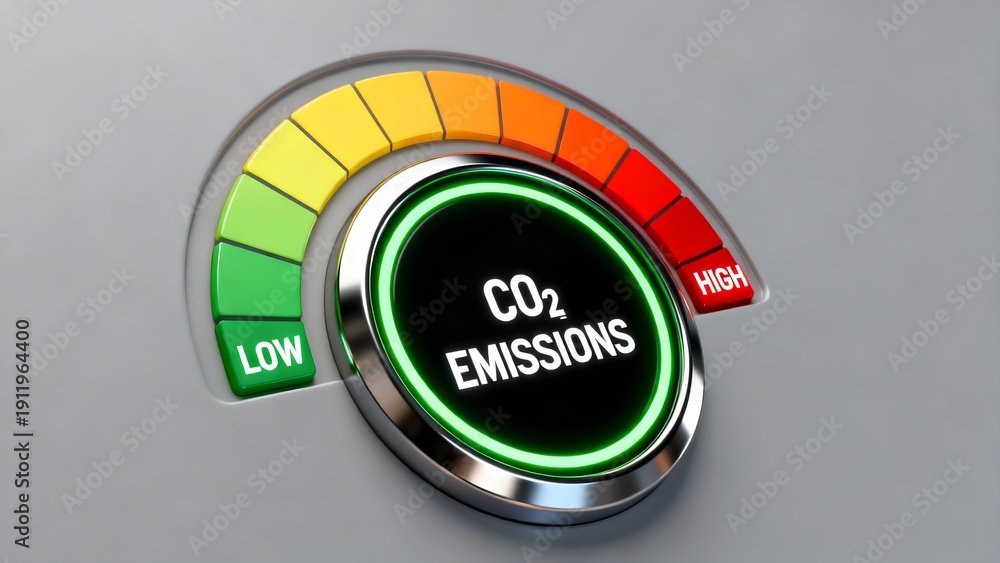 Fototapeta premium Illuminated carbon dioxide emissions gauge indicates current environmental impact levels with low readings highlighted in green