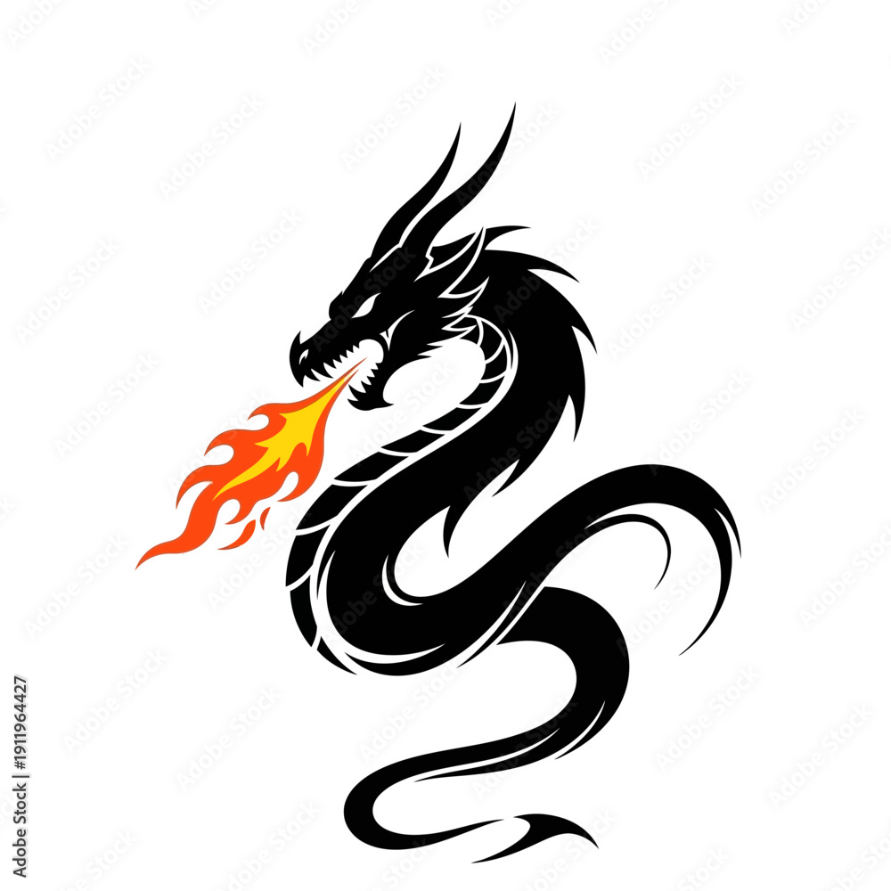 Obraz premium dragon, fire, flame, mythical, fantasy, creature, beast, legend, folklore, monster, serpentine, wyrm, drake, medieval, magic, power, fury, guardian, warrior, emblem, tattoo, symbol, silhouette, illust
