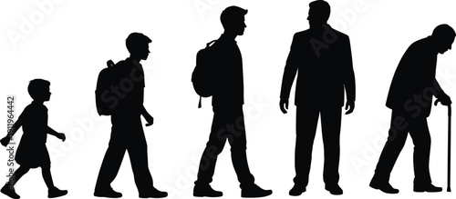Silhouette illustration of human life stages from childhood to old age, showing growth, lifestyle changes, and aging progression in a conceptual timeline design