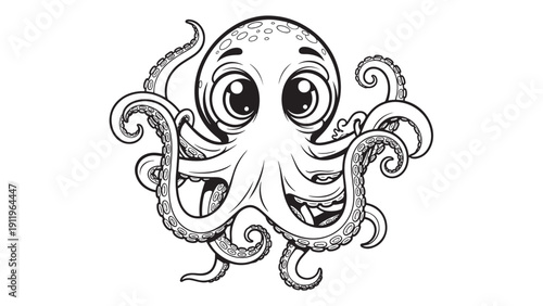 Handdrawn cartoon octopus illustration with large eyes and curling tentacles in monochrome sketch.