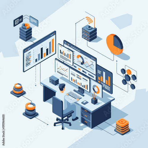 Isometric illustration of a modern office workspace with data analysis and visualization.