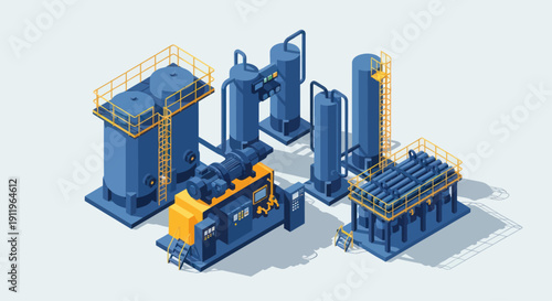 Industrial Chemical Plant Equipment Set Isometric View.
