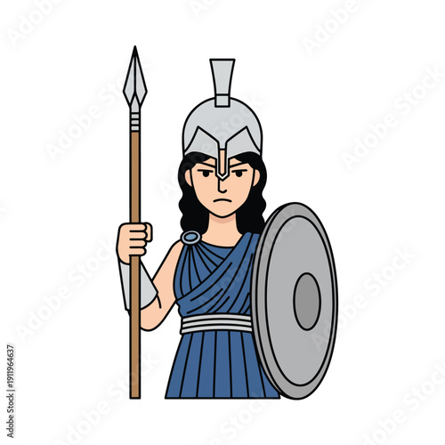 Illustration of a mythological female warrior, holding a spear and shield, wearing a classic helmet
