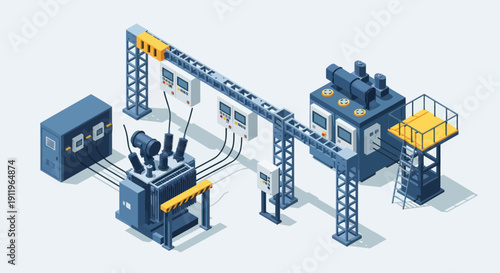 Industrial electrical power distribution substation equipment isometric view.