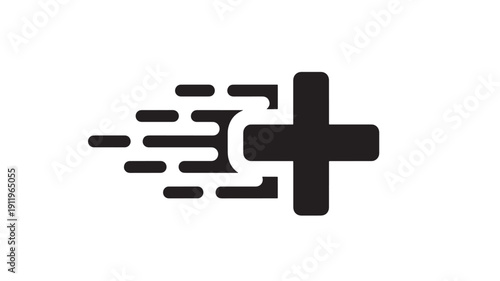 Black Plus Sign with Dynamic Ribbon Shapes on White Background