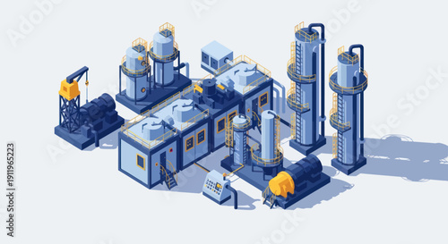 Industrial Factory Complex with Towers and Machinery.