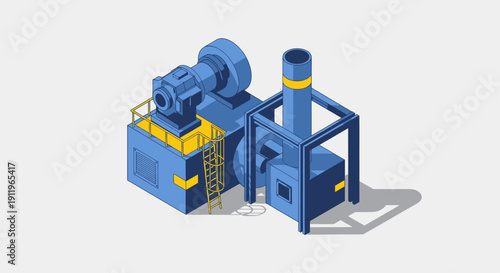 Industrial factory machinery with smokestack and processing unit in isometric view.