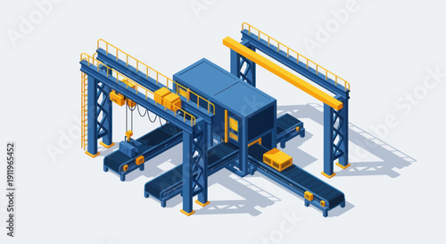 Industrial factory machinery with cranes and conveyor belts.