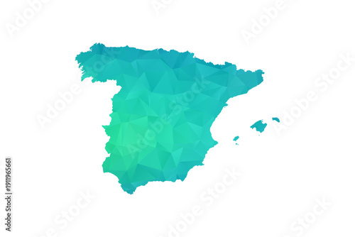 Spain Map - Polygon Style Vector Illustration in Green and Blue Gradient, Low Poly Geometric Design, Isolated on White Background, Perfect for Infographics and Learning Use.