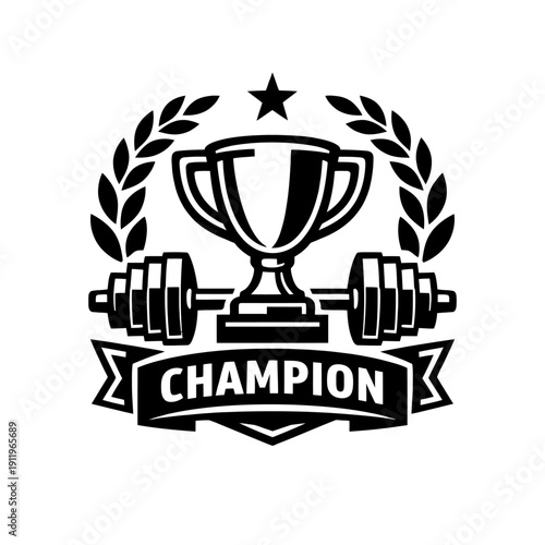 Champion Fitness Award Logo Vector Illustration Featuring a Bold Trophy, Heavy Barbell, Shining Star, and Lush Laurel Wreath, Symbolizing Ultimate Strength, Dedication, Victory, Bodybuilding, Weightli