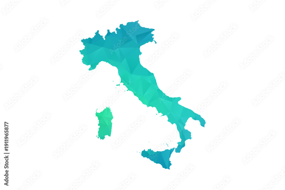 Obraz premium Italy Map - Polygon Style Vector Illustration in Green and Blue Gradient, Low Poly Geometric Design, Isolated on White Background, Perfect for Infographics and Learning Use.