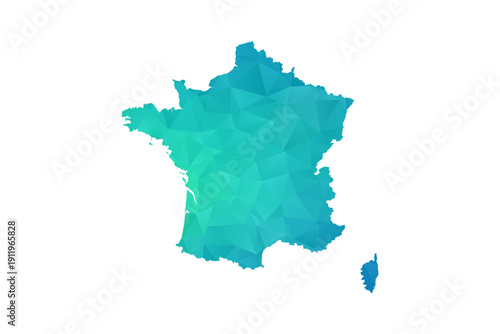 France Map - Polygon Style Vector Illustration in Green and Blue Gradient, Low Poly Geometric Design, Isolated on White Background, Perfect for Infographics and Learning Use.