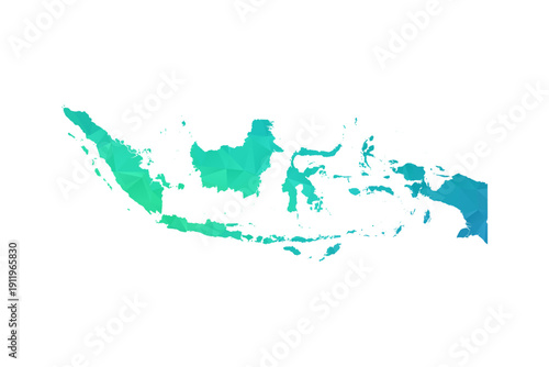 Indonesia Map - Polygon Style Vector Illustration in Green and Blue Gradient, Low Poly Geometric Design, Isolated on White Background, Perfect for Infographics and Learning Use.