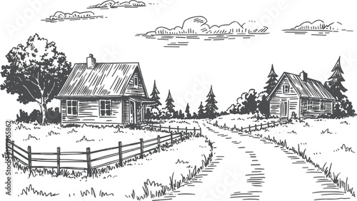 Vintage hand drawn countryside landscape with farm houses, rural road and wooden fence nature illustration