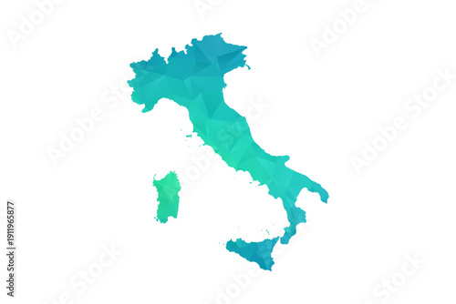 Italy Map - Polygon Style Vector Illustration in Green and Blue Gradient, Low Poly Geometric Design, Isolated on White Background, Perfect for Infographics and Learning Use.
