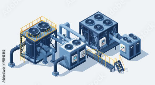 Industrial HVAC cooling towers and equipment isometric illustration.