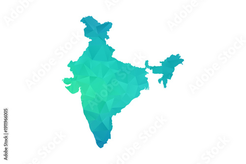 India Map - Polygon Style Vector Illustration in Green and Blue Gradient, Low Poly Geometric Design, Isolated on White Background, Perfect for Infographics and Learning Use.
