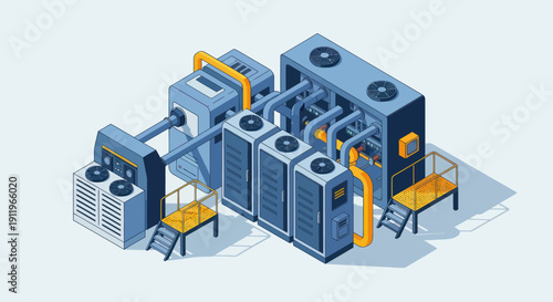 Industrial HVAC System with Cooling Units and Piping.