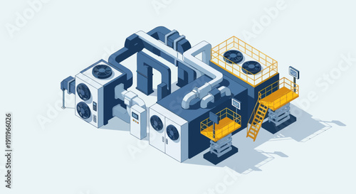 Industrial HVAC system with fans and pipes isometric view.