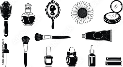 Beauty and personal care silhouette illustration set, thirteen black icons hairbrush perfume mirror sunflower makeup brush nail polish design, vector artwork, fashion and lifestyle them