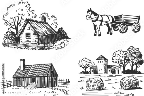 Set of hand drawn farm and countryside vintage illustrations, rural landscape with horse carriage and hay