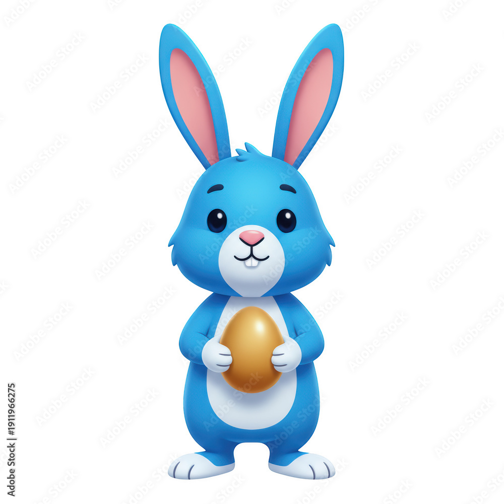 Obraz premium A charming digital illustration depicts a bright blue rabbit holding a golden egg presented against a dark background high quality professional