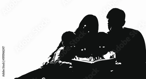 A family of five reading a book together in a cozy setting