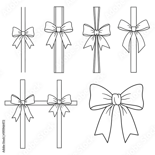 Various styles of decorative bows tied around cylindrical objects