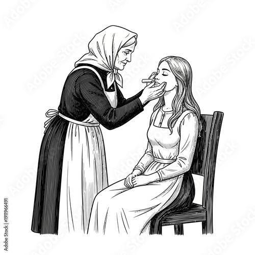 A woman is having her hair styled by another woman in a vintage setting.