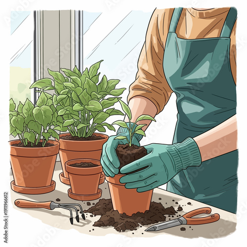 A gardener is tending to her potted plants on a sunny windowsill.