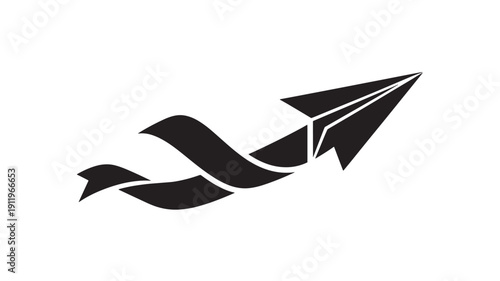 Black Paper Plane with Ribbon Streamer Flying Isolated on White Background