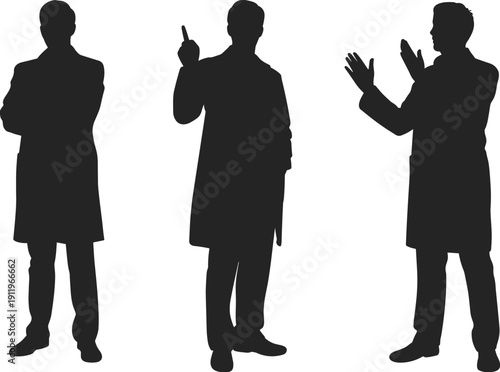 Three male doctor silhouettes in medical coats showing different gestures, standing isolated on white background, healthcare professionals concept, hospital staff teamwork