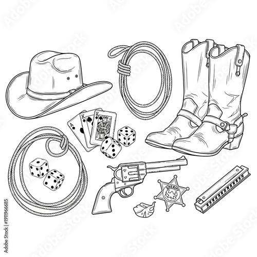 A variety of cowboy and western accessories laid out in a display