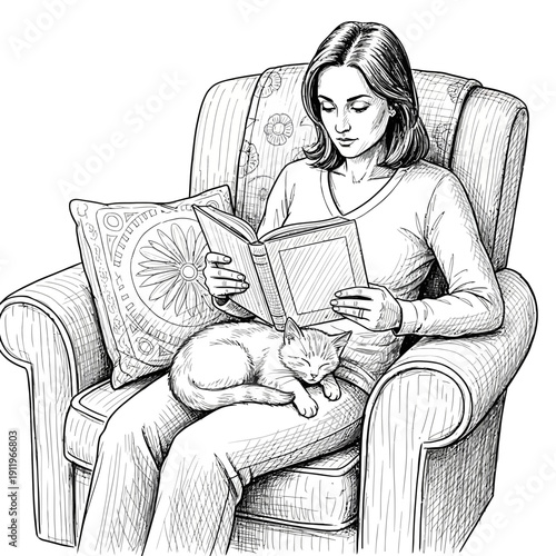 A woman reading a book while sitting on a couch with a cat nearby.