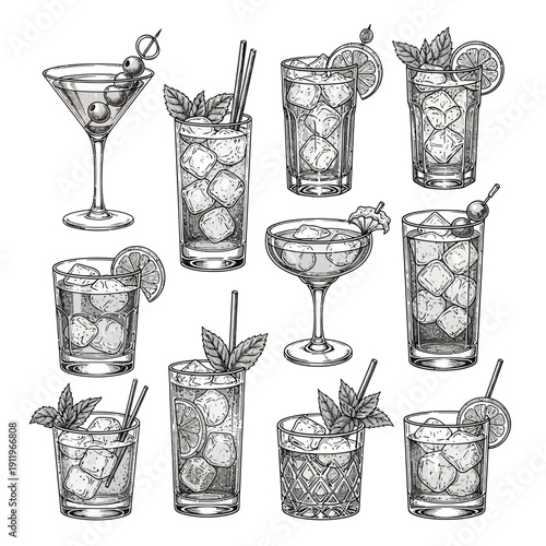 Assorted cocktails and drinks illustrated in a vintage style
