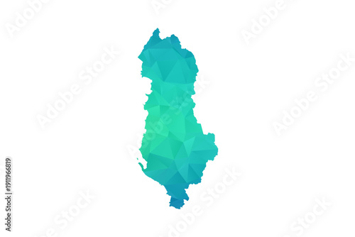 Albania Map - Polygon Style Vector Illustration in Green and Blue Gradient, Low Poly Geometric Design, Isolated on White Background, Perfect for Infographics and Learning Use.