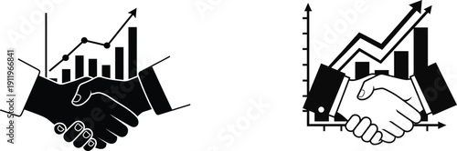Business partnership and financial growth represented through handshake and graph icons