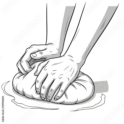 A person kneading dough on a floured surface with a rolling pin nearby