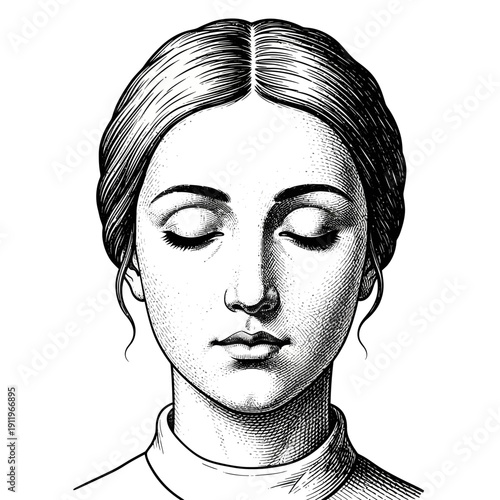 A serene woman with a calm expression and a simple, elegant hairstyle.