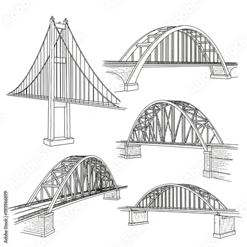 Diverse bridge designs and architectural styles illustrated in detail
