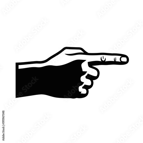 A black and white illustration of a hand pointing towards the right side
