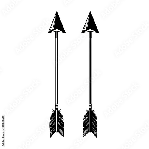 Two black and white arrows with intricate feather fletching and sharp arrowheads.