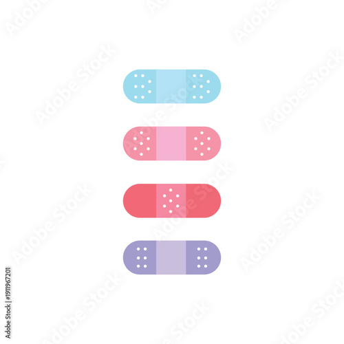 Flat cute set of band aids illustrations with hearts. Medical bandage collection of icons. concept of blood donation or wound medical treatment, medical plaster strip isolated on white background. 