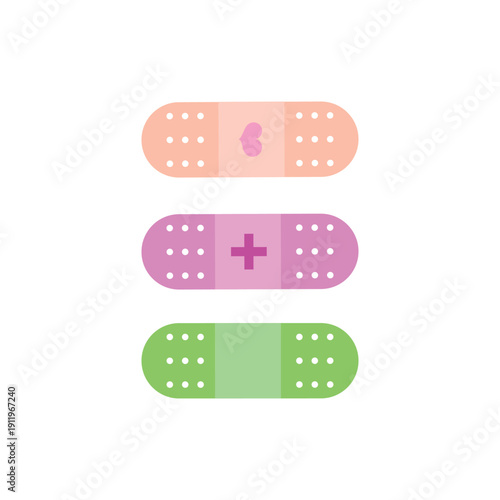 Flat cute set of band aids illustrations with hearts. Medical bandage collection of icons. concept of blood donation or wound medical treatment, medical plaster strip isolated on white background. 