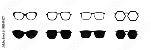 Modern Minimal Sunglasses and Eyeglasses Collection Set – Stylish Optical Frames Icons in Black and Outline, Fashion Eyewear Vector Illustration Isolated on White Background